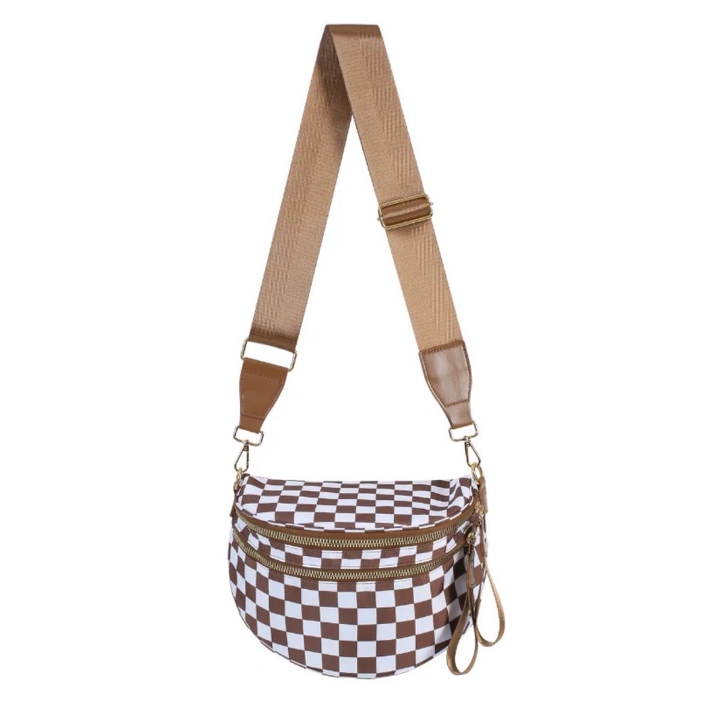 Emmafy Brown and White Checkered Crossbody Bag